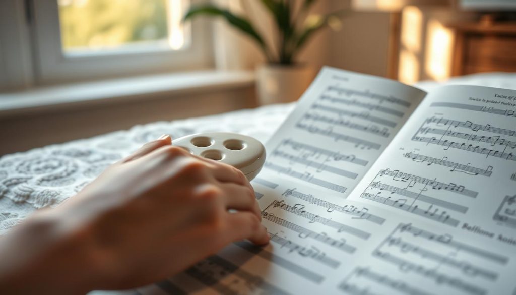 A beautifully arranged scene featuring a six-hole ocarina made from ceramic, resting on a soft, textured cloth. In the foreground, delicate sheet music is visible, displaying simple melodies for beginners. The middle ground showcases a hand gently pressing the holes of the ocarina, emphasizing technique. The background is softly blurred, hinting at a cozy, well-lit room with warm, natural light filtering through a window, casting gentle shadows that create an inviting atmosphere. The mood is serene and encouraging, perfect for aspiring musicians. The composition is taken from a slight angle to give depth, with a focus on the ocarina and sheet music, enhancing the theme of learning and music creation. A beautifully arranged scene featuring a six-hole ocarina made from ceramic, resting on a soft, textured cloth. In the foreground, delicate sheet music is visible, displaying simple melodies for beginners. The middle ground showcases a hand gently pressing the holes of the ocarina, emphasizing technique. The background is softly blurred, hinting at a cozy, well-lit room with warm, natural light filtering through a window, casting gentle shadows that create an inviting atmosphere. The mood is serene and encouraging, perfect for aspiring musicians. The composition is taken from a slight angle to give depth, with a focus on the ocarina and sheet music, enhancing the theme of learning and music creation.