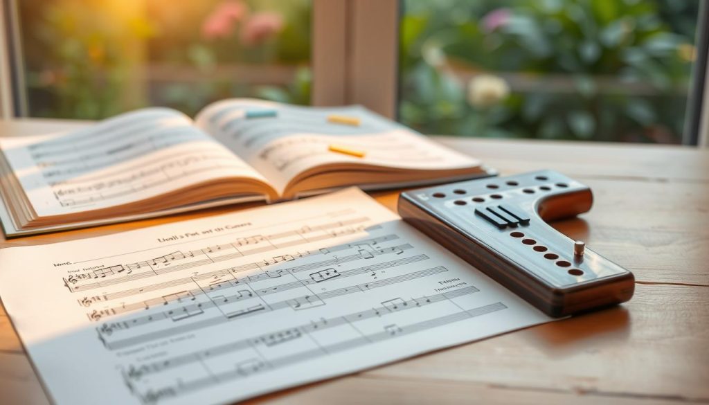 A beautifully arranged scene showcasing an open sheet of music and tablature specifically designed for a 10-hole ocarina, placed prominently on a wooden table. In the foreground, the sheet music is detailed, displaying clear notes and fingerings. Beside it, a polished ocarina rests, highlighting its ten holes glistening softly under warm, diffused lighting, giving a cozy feel. The middle ground features an open music book with a few colorful post-it notes indicating important sections. In the background, a softly blurred window reveals a serene garden, enhancing a peaceful, focused atmosphere ideal for practicing music. The composition should evoke a sense of creativity and learning, with a warm, inviting color palette that draws the viewer into the overall mood of musical exploration. A beautifully arranged scene showcasing an open sheet of music and tablature specifically designed for a 10-hole ocarina, placed prominently on a wooden table. In the foreground, the sheet music is detailed, displaying clear notes and fingerings. Beside it, a polished ocarina rests, highlighting its ten holes glistening softly under warm, diffused lighting, giving a cozy feel. The middle ground features an open music book with a few colorful post-it notes indicating important sections. In the background, a softly blurred window reveals a serene garden, enhancing a peaceful, focused atmosphere ideal for practicing music. The composition should evoke a sense of creativity and learning, with a warm, inviting color palette that draws the viewer into the overall mood of musical exploration.