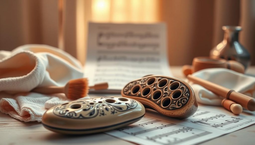 A beautifully arranged still life featuring an 8-hole ocarina prominently displayed in the foreground, crafted from ceramic with intricate designs and a glossy finish. Surrounding the ocarina, an assortment of cleaning tools, such as soft cloths and brushes, emphasizes the theme of maintenance. In the middle ground, musical sheets featuring ocarina notes are elegantly laid out, adding context. The background is softly blurred with warm, natural lighting that creates a cozy atmosphere, suggesting a serene music practice space. The composition captures the essence of selecting and caring for an 8-hole ocarina, inviting viewers to appreciate the artistry and functionality of the instrument. Aim for a harmonious blend of craft and care, with an emphasis on detail and warmth. A beautifully arranged still life featuring an 8-hole ocarina prominently displayed in the foreground, crafted from ceramic with intricate designs and a glossy finish. Surrounding the ocarina, an assortment of cleaning tools, such as soft cloths and brushes, emphasizes the theme of maintenance. In the middle ground, musical sheets featuring ocarina notes are elegantly laid out, adding context. The background is softly blurred with warm, natural lighting that creates a cozy atmosphere, suggesting a serene music practice space. The composition captures the essence of selecting and caring for an 8-hole ocarina, inviting viewers to appreciate the artistry and functionality of the instrument. Aim for a harmonious blend of craft and care, with an emphasis on detail and warmth.
