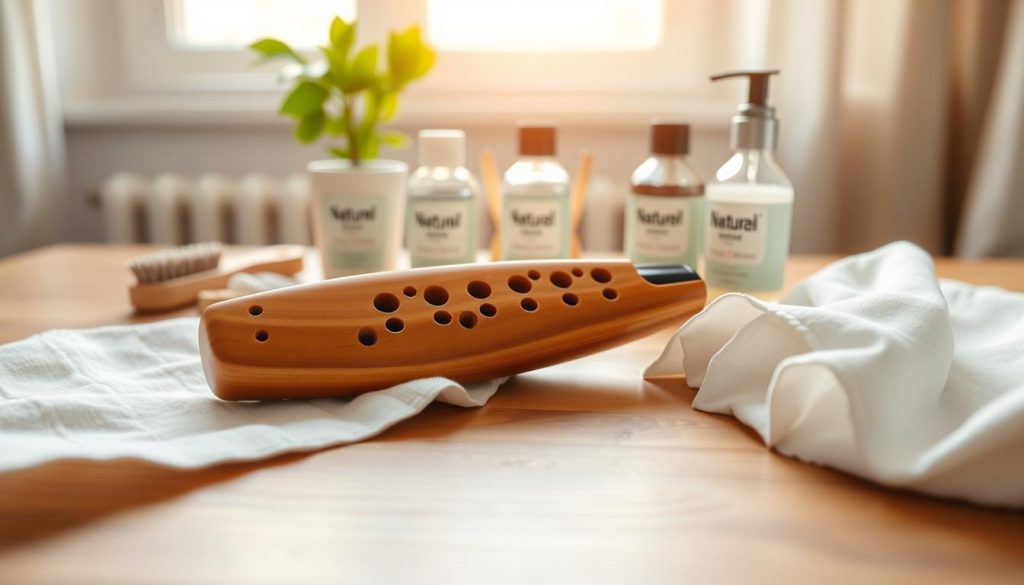 A beautifully crafted 12-hole ocarina placed on a polished wooden surface, showcasing its intricate design and smooth, earthy glaze. In the foreground, a soft cotton cloth gently drapes beside the ocarina, symbolizing care and maintenance. The middle ground features a collection of natural cleaning supplies: a small brush, a bottle of gentle cleaner, and a microfiber cloth, all arranged harmoniously to emphasize the concept of care. In the background, a warm, inviting light filters through a window, casting soft highlights and shadows that enhance the textures of the wood and the ocarina. The atmosphere is serene and comforting, emphasizing the intimate relationship between the musician and their instrument, inviting viewers to appreciate the importance of maintenance and protection. A beautifully crafted 12-hole ocarina placed on a polished wooden surface, showcasing its intricate design and smooth, earthy glaze. In the foreground, a soft cotton cloth gently drapes beside the ocarina, symbolizing care and maintenance. The middle ground features a collection of natural cleaning supplies: a small brush, a bottle of gentle cleaner, and a microfiber cloth, all arranged harmoniously to emphasize the concept of care. In the background, a warm, inviting light filters through a window, casting soft highlights and shadows that enhance the textures of the wood and the ocarina. The atmosphere is serene and comforting, emphasizing the intimate relationship between the musician and their instrument, inviting viewers to appreciate the importance of maintenance and protection.