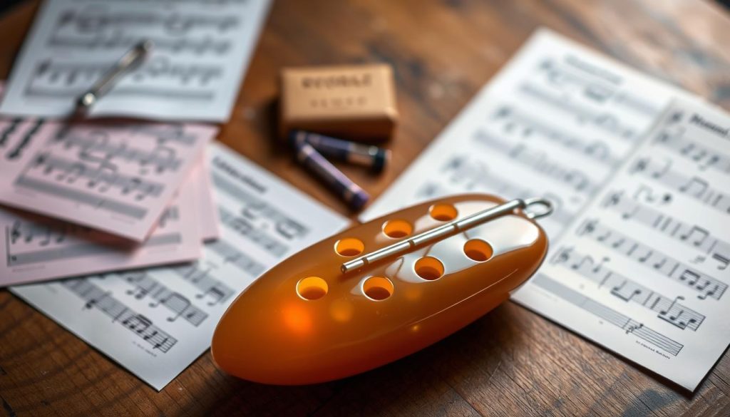 A beautifully crafted six-hole ocarina sits prominently in the foreground, glimmering under soft, diffused lighting that highlights its elegant curves and smooth texture. Surrounding the ocarina are colorful sheet music and notation charts, with visible finger charts demonstrating how to play notes. In the middle ground, a wooden table adds warmth, enhancing the image's inviting atmosphere. In the background, a subtle blur of musical notes floats softly, creating a sense of motion and melody. The overall mood is one of creativity and inspiration, encouraging exploration of the instrument. The composition is shot from a slight overhead angle, providing an engaging view of the ocarina and its related materials. The image should be clear and focused, without any text or distracting elements. A beautifully crafted six-hole ocarina sits prominently in the foreground, glimmering under soft, diffused lighting that highlights its elegant curves and smooth texture. Surrounding the ocarina are colorful sheet music and notation charts, with visible finger charts demonstrating how to play notes. In the middle ground, a wooden table adds warmth, enhancing the image's inviting atmosphere. In the background, a subtle blur of musical notes floats softly, creating a sense of motion and melody. The overall mood is one of creativity and inspiration, encouraging exploration of the instrument. The composition is shot from a slight overhead angle, providing an engaging view of the ocarina and its related materials. The image should be clear and focused, without any text or distracting elements.