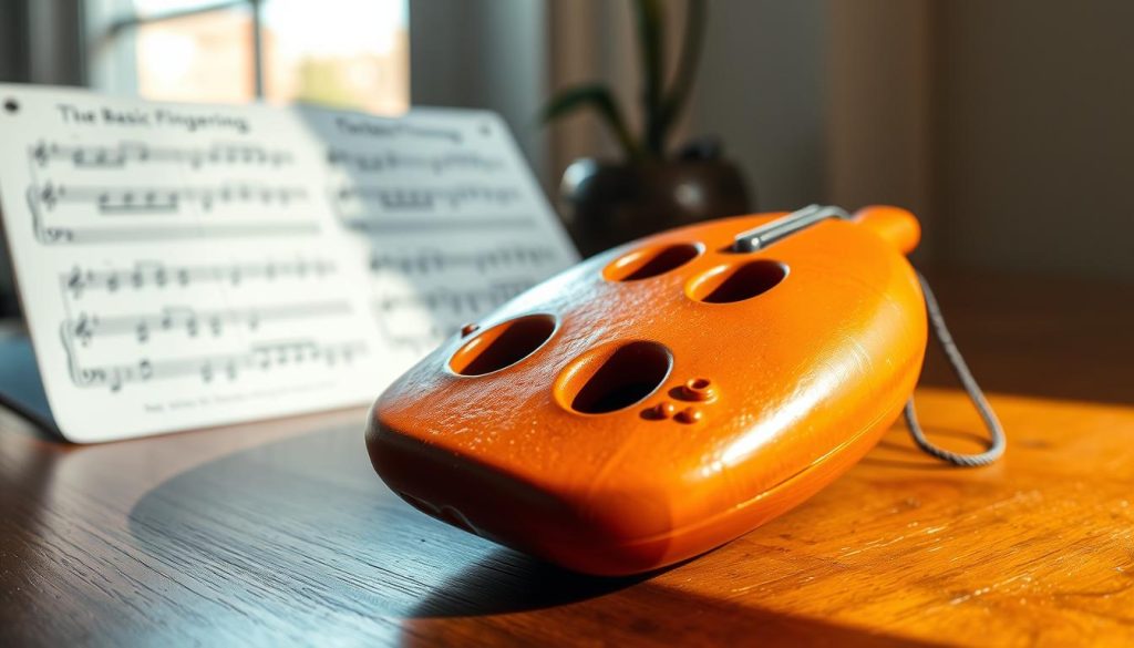 A close-up image of a beautifully crafted four-hole ocarina resting on a wooden table, with natural sunlight filtering through a nearby window, casting soft shadows. The ocarina, made of clay with a glossy finish, should highlight its intricate details, including the finger holes and beautiful surface texture. In the background, softly blurred sheet music displaying basic fingerings for the ocarina is subtly visible, enhancing the educational aspect without distracting from the main subject. The atmosphere should feel warm and inviting, conveying a sense of learning and creativity. The image should be captured from a slightly elevated angle to showcase the ocarina's form and the accompanying sheet music, ensuring a balanced composition. Focus on rich colors and warm tones to evoke a sense of musical inspiration. A close-up image of a beautifully crafted four-hole ocarina resting on a wooden table, with natural sunlight filtering through a nearby window, casting soft shadows. The ocarina, made of clay with a glossy finish, should highlight its intricate details, including the finger holes and beautiful surface texture. In the background, softly blurred sheet music displaying basic fingerings for the ocarina is subtly visible, enhancing the educational aspect without distracting from the main subject. The atmosphere should feel warm and inviting, conveying a sense of learning and creativity. The image should be captured from a slightly elevated angle to showcase the ocarina's form and the accompanying sheet music, ensuring a balanced composition. Focus on rich colors and warm tones to evoke a sense of musical inspiration.