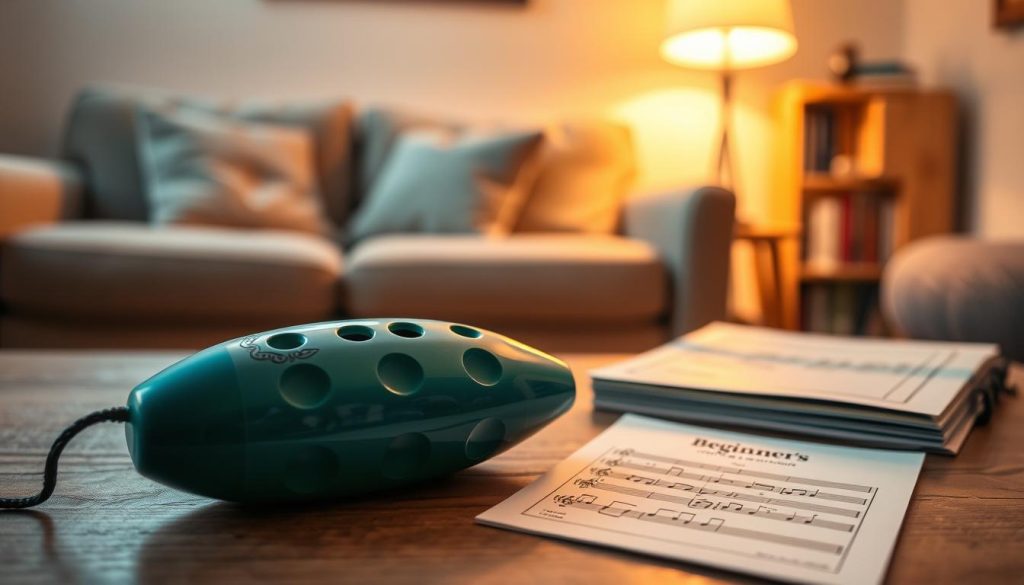 A close-up image of a four-hole ocarina placed on a wooden table, surrounded by a beginner's music sheet and a set of instructional materials. The ocarina, glistening in shades of blue and green, showcases its smooth curves and decorative engravings. In the foreground, soft, warm lighting illuminates the ocarina to create a cozy and inviting atmosphere. The background features a blurred view of a comfortable living room with a couch and a small bookshelf filled with books about music. A gentle glow from a nearby lamp adds a touch of serenity, emphasizing the ocarina as a perfect starter instrument for beginners. The overall mood is encouraging and inspiring, inviting learners to explore music.