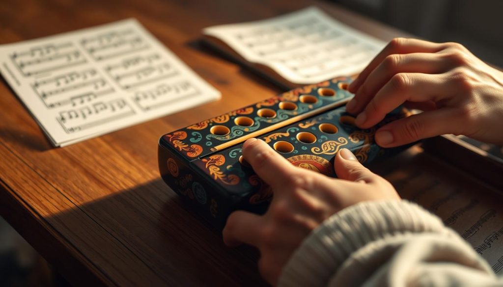 A close-up of a beautifully crafted 12-hole ocarina, intricately designed with traditional patterns and vibrant colors, resting on a polished wooden table. In the foreground, an experienced musician's hands skillfully demonstrate advanced finger techniques, pressing the holes as they play a melodious tune. The background features soft, out-of-focus music sheets scattered with advanced ocarina notation. The lighting is warm and inviting, casting gentle shadows that enhance the texture of the ocarina and the musician's hands. The atmosphere is serene and focused, conveying a sense of deep concentration and artistry, ideal for showcasing advanced techniques in ocarina playing. The camera angle is slightly elevated, capturing both the instrument and the musician's engagement with the music. A close-up of a beautifully crafted 12-hole ocarina, intricately designed with traditional patterns and vibrant colors, resting on a polished wooden table. In the foreground, an experienced musician's hands skillfully demonstrate advanced finger techniques, pressing the holes as they play a melodious tune. The background features soft, out-of-focus music sheets scattered with advanced ocarina notation. The lighting is warm and inviting, casting gentle shadows that enhance the texture of the ocarina and the musician's hands. The atmosphere is serene and focused, conveying a sense of deep concentration and artistry, ideal for showcasing advanced techniques in ocarina playing. The camera angle is slightly elevated, capturing both the instrument and the musician's engagement with the music.