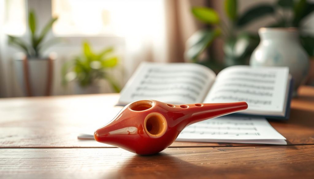 A close-up view of a beautifully crafted four-holed ocarina made from rich, glossy ceramic, set against a soft, blurred background of a wooden table and gentle, natural lighting that creates a warm ambiance. The foreground focuses on the ocarina, highlighting its intricate design and vibrant colors, with subtle reflections capturing the light. In the middle ground, a music sheet with simple notes for beginners lies partially visible, suggesting it is just used for practice. The background is gently out of focus, featuring soft greenery or a cozy home environment, creating an inviting atmosphere perfect for learning. The overall mood is serene and encouraging, perfect for a beginner exploring the beauty of music through the ocarina. A close-up view of a beautifully crafted four-holed ocarina made from rich, glossy ceramic, set against a soft, blurred background of a wooden table and gentle, natural lighting that creates a warm ambiance. The foreground focuses on the ocarina, highlighting its intricate design and vibrant colors, with subtle reflections capturing the light. In the middle ground, a music sheet with simple notes for beginners lies partially visible, suggesting it is just used for practice. The background is gently out of focus, featuring soft greenery or a cozy home environment, creating an inviting atmosphere perfect for learning. The overall mood is serene and encouraging, perfect for a beginner exploring the beauty of music through the ocarina.