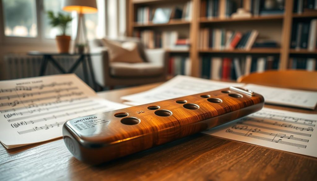 A close-up view of an intricately detailed four-hole ocarina resting on a stylish wooden table. In the foreground, the ocarina gleams with earthy tones and subtle gloss, showcasing its craftsmanship. Surrounding it are neatly displayed handwritten music sheets and tablatures, featuring simple notes and finger placements tailored for beginners. The middle layer captures soft, warm lighting that creates an inviting atmosphere, highlighting the texture of the paper and the shine of the ocarina. In the background, a blurred, cozy room setting can be seen, with bookshelves filled with music books and a soft armchair, enhancing the relaxed learning environment. The mood is focused yet welcoming, perfect for aspiring musicians. A close-up view of an intricately detailed four-hole ocarina resting on a stylish wooden table. In the foreground, the ocarina gleams with earthy tones and subtle gloss, showcasing its craftsmanship. Surrounding it are neatly displayed handwritten music sheets and tablatures, featuring simple notes and finger placements tailored for beginners. The middle layer captures soft, warm lighting that creates an inviting atmosphere, highlighting the texture of the paper and the shine of the ocarina. In the background, a blurred, cozy room setting can be seen, with bookshelves filled with music books and a soft armchair, enhancing the relaxed learning environment. The mood is focused yet welcoming, perfect for aspiring musicians.