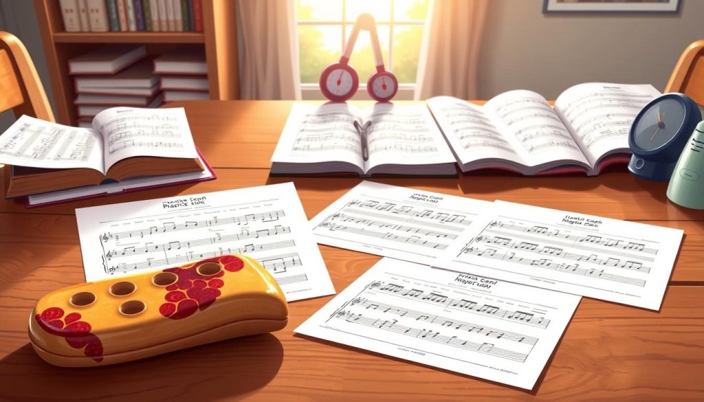 A detailed illustration of a 10-hole ocarina practice plan laid out on a wooden table. In the foreground, show a beautifully crafted, glazed ceramic ocarina with a colorful design, along with sheet music featuring finger charts and notes. The middle ground includes neatly arranged practice session schedules, displaying systematic finger placements and simple melodies suitable for beginners. In the background, soft natural light filters through a window, illuminating music books and a metronome, creating a warm, inviting atmosphere. The scene conveys a sense of focus and dedication, ideal for musicians aiming to improve their skills on the 10-hole ocarina. A detailed illustration of a 10-hole ocarina practice plan laid out on a wooden table. In the foreground, show a beautifully crafted, glazed ceramic ocarina with a colorful design, along with sheet music featuring finger charts and notes. The middle ground includes neatly arranged practice session schedules, displaying systematic finger placements and simple melodies suitable for beginners. In the background, soft natural light filters through a window, illuminating music books and a metronome, creating a warm, inviting atmosphere. The scene conveys a sense of focus and dedication, ideal for musicians aiming to improve their skills on the 10-hole ocarina.
