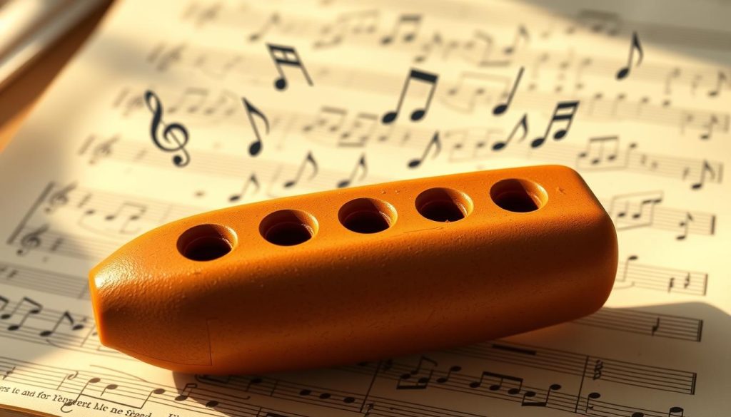A detailed illustration of a six-hole ocarina with clear notation for the notes and fingerings of the C major scale, prominently displayed in the foreground. The ocarina should be richly textured, showcasing its ceramic finish in earthy tones. In the middle ground, musical notes should elegantly float around the ocarina, representing the C major scale, creating a flow that guides the viewer's eye. The background should feature a softly blurred music sheet, enhancing the musical theme without distracting from the main subject. Warm, natural lighting should illuminate the scene, casting gentle shadows and creating a calm, inviting atmosphere perfect for a music educational context. The angle should be slightly above, giving a comprehensive view of the ocarina's details and the sheet music. A detailed illustration of a six-hole ocarina with clear notation for the notes and fingerings of the C major scale, prominently displayed in the foreground. The ocarina should be richly textured, showcasing its ceramic finish in earthy tones. In the middle ground, musical notes should elegantly float around the ocarina, representing the C major scale, creating a flow that guides the viewer's eye. The background should feature a softly blurred music sheet, enhancing the musical theme without distracting from the main subject. Warm, natural lighting should illuminate the scene, casting gentle shadows and creating a calm, inviting atmosphere perfect for a music educational context. The angle should be slightly above, giving a comprehensive view of the ocarina's details and the sheet music.