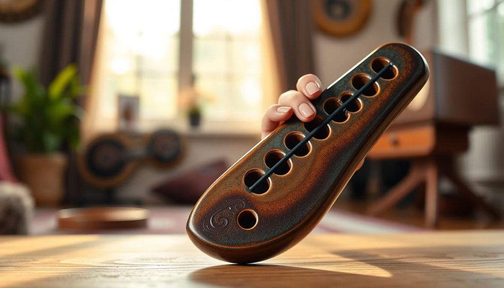 A detailed image of a 12-hole ocarina, showcasing its intricate design and craftsmanship. In the foreground, the ocarina is positioned prominently, highlighting its smooth, glossy ceramic surface with rich, earthy colors like deep blues and earthy browns. The middle ground features an elegant hand gently holding the ocarina, suggesting the act of playing, with neatly manicured fingers. In the background, a blurred ambiance of a tranquil music room is created, filled with soft natural light streaming through a window, enhancing the warm and inviting atmosphere. The overall mood conveys a sense of calm and creativity, perfect for beginners exploring this unique musical instrument. The shot is taken at a slightly elevated angle to accentuate the ocarina's shape and intricate detail. A detailed image of a 12-hole ocarina, showcasing its intricate design and craftsmanship. In the foreground, the ocarina is positioned prominently, highlighting its smooth, glossy ceramic surface with rich, earthy colors like deep blues and earthy browns. The middle ground features an elegant hand gently holding the ocarina, suggesting the act of playing, with neatly manicured fingers. In the background, a blurred ambiance of a tranquil music room is created, filled with soft natural light streaming through a window, enhancing the warm and inviting atmosphere. The overall mood conveys a sense of calm and creativity, perfect for beginners exploring this unique musical instrument. The shot is taken at a slightly elevated angle to accentuate the ocarina's shape and intricate detail.