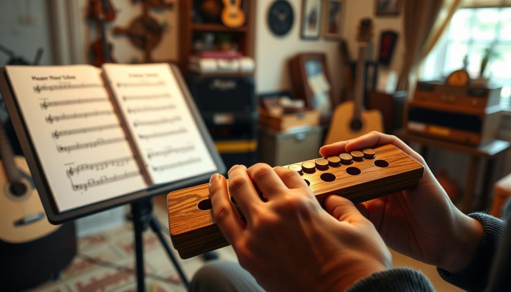 A detailed scene showcasing essential techniques for playing a 10-hole ocarina. In the foreground, feature a close-up of a person's hands skillfully positioned on an intricately carved ocarina, demonstrating finger placements over the holes. The middle ground includes a softly illuminated music stand with sheet music, highlighting beginner-friendly exercises. In the background, a serene indoor setting with natural light filtering through a window, illuminating a cozy room filled with musical instruments and accessories, creating a warm and inviting atmosphere. Use soft, warm lighting with a focus on the hands and ocarina, captured from a slightly elevated angle to emphasize the technique being demonstrated. The overall mood should inspire a sense of calm focus and creativity in learning music. A detailed scene showcasing essential techniques for playing a 10-hole ocarina. In the foreground, feature a close-up of a person's hands skillfully positioned on an intricately carved ocarina, demonstrating finger placements over the holes. The middle ground includes a softly illuminated music stand with sheet music, highlighting beginner-friendly exercises. In the background, a serene indoor setting with natural light filtering through a window, illuminating a cozy room filled with musical instruments and accessories, creating a warm and inviting atmosphere. Use soft, warm lighting with a focus on the hands and ocarina, captured from a slightly elevated angle to emphasize the technique being demonstrated. The overall mood should inspire a sense of calm focus and creativity in learning music.