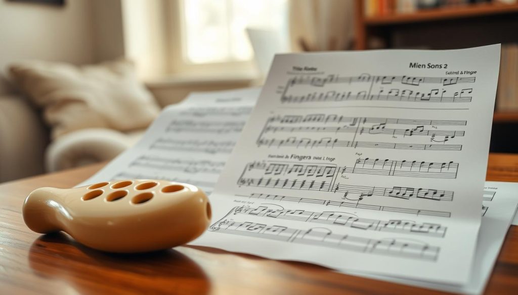 A detailed view of an 8-hole ocarina resting on a wooden table, surrounded by hand-drawn music sheets and tablatures specific to the ocarina, showcasing notes and finger placements. In the foreground, the ocarina is prominently displayed, its ceramic texture and colors gleaming under soft, natural light. The middle layer features partially opened music sheets, with intricate musical notations artistically arranged alongside an annotated diagram explaining the notes. In the background, a softly blurred atmosphere of a cozy, well-lit room creates a warm, inviting mood, enhancing the focus on the musical elements. The composition should evoke a sense of learning and creativity, with an emphasis on understanding music for the ocarina. A detailed view of an 8-hole ocarina resting on a wooden table, surrounded by hand-drawn music sheets and tablatures specific to the ocarina, showcasing notes and finger placements. In the foreground, the ocarina is prominently displayed, its ceramic texture and colors gleaming under soft, natural light. The middle layer features partially opened music sheets, with intricate musical notations artistically arranged alongside an annotated diagram explaining the notes. In the background, a softly blurred atmosphere of a cozy, well-lit room creates a warm, inviting mood, enhancing the focus on the musical elements. The composition should evoke a sense of learning and creativity, with an emphasis on understanding music for the ocarina.