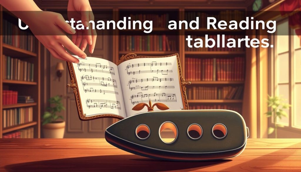 An artistic illustration focusing on the theme "Understanding and Reading Ocarina Tablatures". In the foreground, display an ocarina intricately detailed, showcasing its six holes, with a pair of hands gently positioned above it, demonstrating finger placement. In the middle ground, a beautifully decorated music stand holds a sheet of tablature music, clearly visible with notes and corresponding finger positions for the ocarina. The background features a cozy, softly-lit music room with wooden shelves filled with music books and a warm ambiance, emanating a sense of learning and creativity. The lighting is warm and inviting, casting soft shadows, enhancing the tactile textures of the ocarina and sheet music, while the overall mood conveys a blend of focus and joy in music education. An artistic illustration focusing on the theme "Understanding and Reading Ocarina Tablatures". In the foreground, display an ocarina intricately detailed, showcasing its six holes, with a pair of hands gently positioned above it, demonstrating finger placement. In the middle ground, a beautifully decorated music stand holds a sheet of tablature music, clearly visible with notes and corresponding finger positions for the ocarina. The background features a cozy, softly-lit music room with wooden shelves filled with music books and a warm ambiance, emanating a sense of learning and creativity. The lighting is warm and inviting, casting soft shadows, enhancing the tactile textures of the ocarina and sheet music, while the overall mood conveys a blend of focus and joy in music education.