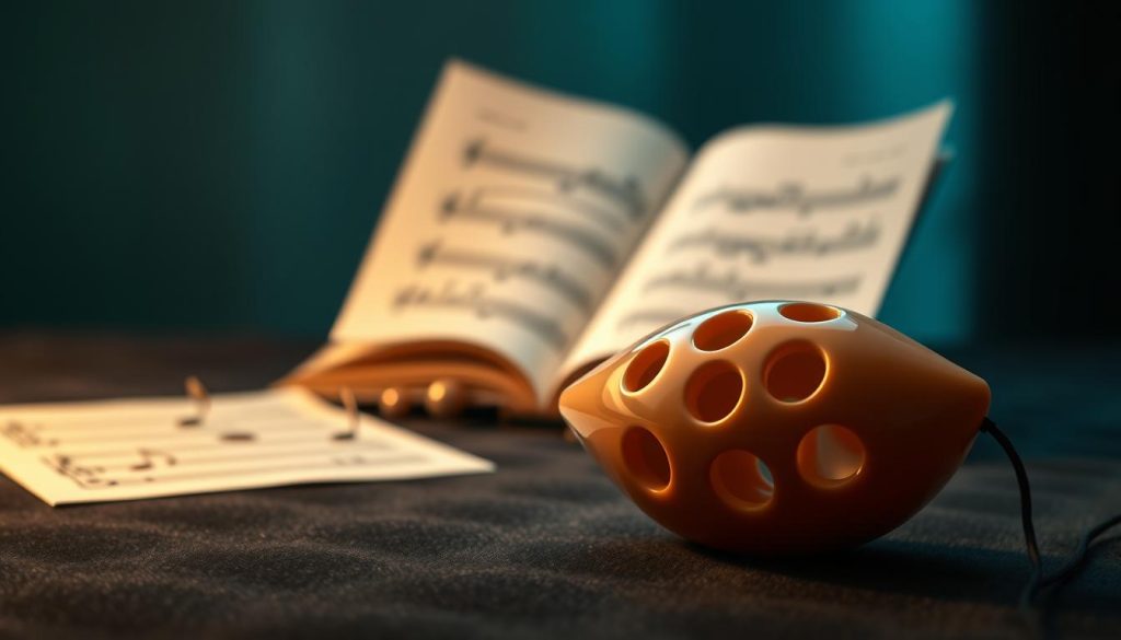 An intricately designed 8-hole ocarina in the foreground, showcasing its unique shape and glossy ceramic texture. The ocarina should be placed on a soft, dark velvet surface to highlight its elegance and craftsmanship. In the middle ground, slightly blurred musical notes and sheet music can be seen, representing the melodies it produces. In the background, a subtle gradient of deep blues and greens evokes a serene atmosphere, reminiscent of a tranquil music room. Soft, warm lighting illuminates the ocarina, casting gentle reflections that accentuate its curves. The overall mood is contemplative and artistic, inviting viewers to appreciate the distinct features of this 8-hole model compared to others. No text or watermarks in the image. An intricately designed 8-hole ocarina in the foreground, showcasing its unique shape and glossy ceramic texture. The ocarina should be placed on a soft, dark velvet surface to highlight its elegance and craftsmanship. In the middle ground, slightly blurred musical notes and sheet music can be seen, representing the melodies it produces. In the background, a subtle gradient of deep blues and greens evokes a serene atmosphere, reminiscent of a tranquil music room. Soft, warm lighting illuminates the ocarina, casting gentle reflections that accentuate its curves. The overall mood is contemplative and artistic, inviting viewers to appreciate the distinct features of this 8-hole model compared to others. No text or watermarks in the image.