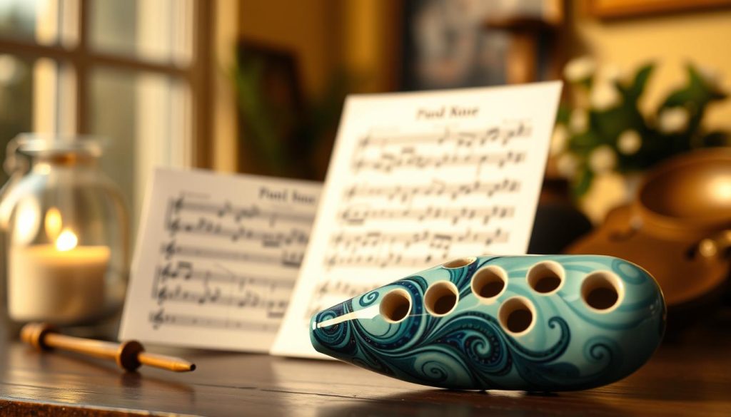An intricately designed 8-holed ocarina, delicately rendered in ceramic with a glossy finish, placed prominently in the foreground. The ocarina features a beautiful, swirling pattern in shades of blue and green. In the middle ground, a softly blurred sheet of music is visible, displaying musical notes and symbols that represent the ocarina's unique melodies. The background includes a warm, inviting atmosphere, with subtle golden light filtering through a window, hinting at a cozy room filled with musical instruments. The image is shot from a slightly elevated angle to highlight the ocarina's shape and craftsmanship, evoking a sense of harmony and creativity, ideal for inspiring readers about the functionality and charm of the 8-hole ocarina. An intricately designed 8-holed ocarina, delicately rendered in ceramic with a glossy finish, placed prominently in the foreground. The ocarina features a beautiful, swirling pattern in shades of blue and green. In the middle ground, a softly blurred sheet of music is visible, displaying musical notes and symbols that represent the ocarina's unique melodies. The background includes a warm, inviting atmosphere, with subtle golden light filtering through a window, hinting at a cozy room filled with musical instruments. The image is shot from a slightly elevated angle to highlight the ocarina's shape and craftsmanship, evoking a sense of harmony and creativity, ideal for inspiring readers about the functionality and charm of the 8-hole ocarina.